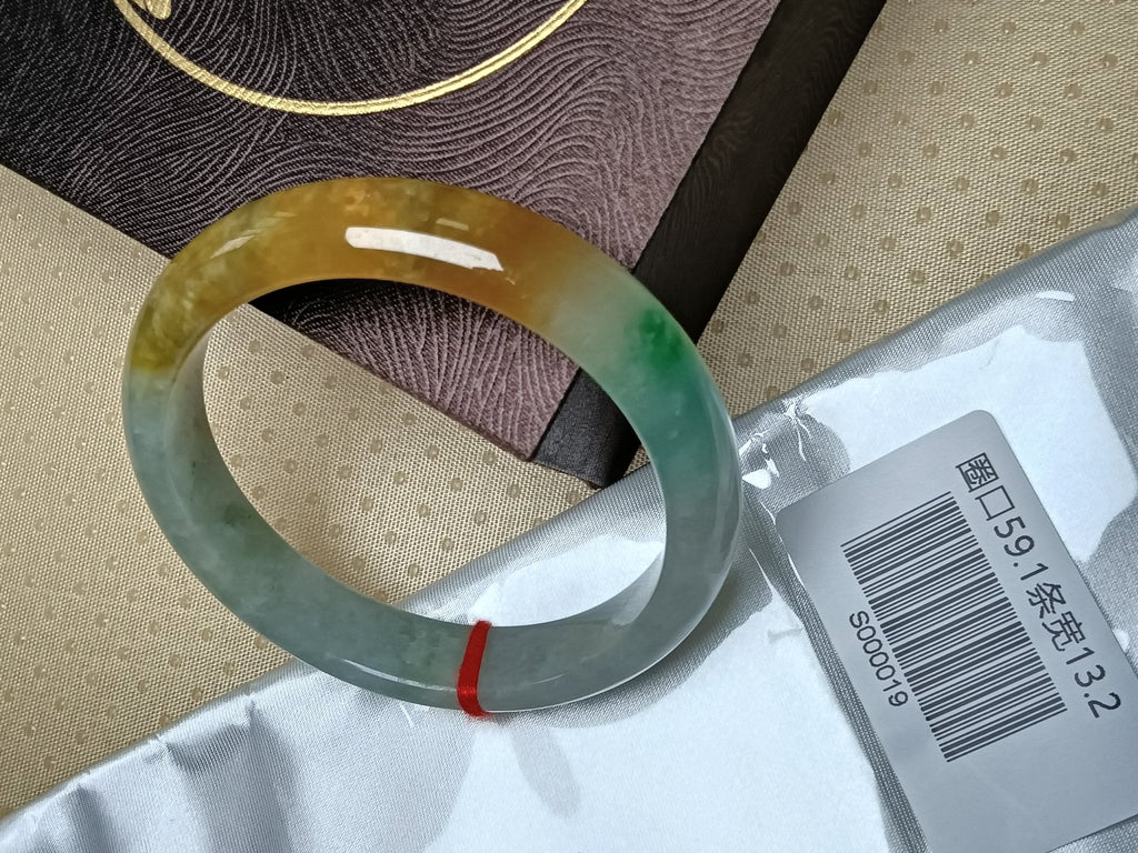 Icy Apple Green & White with Yellow - Brown Patches Burmess Grade A Jadeite Bracelets (Size:59.1mm) S019 - Jadeite Ding