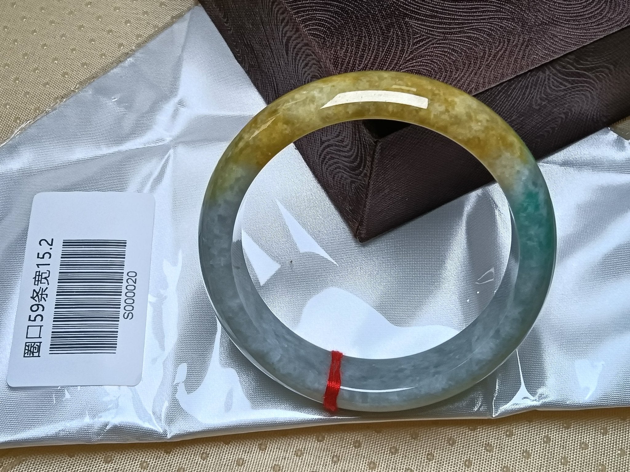 Icy Apple Green & White with Yellow - Brown Patches Burmess Grade A Jadeite Bracelets (Size:59mm) S020 - Jadeite Ding