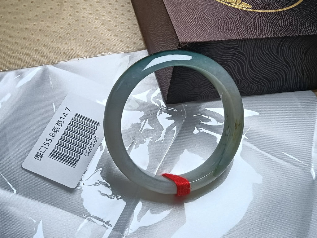 Moonlight Color Base with Dark Green Floating Flower Nature Type - A Jadeite Bangles (Size:55 - 56mm) C006 - Jadeite Ding